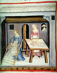 Nova 2644 fol.45v Zubereitung von Pasta, aus Tacuinum Sanitatis Codex Vindobonensis
